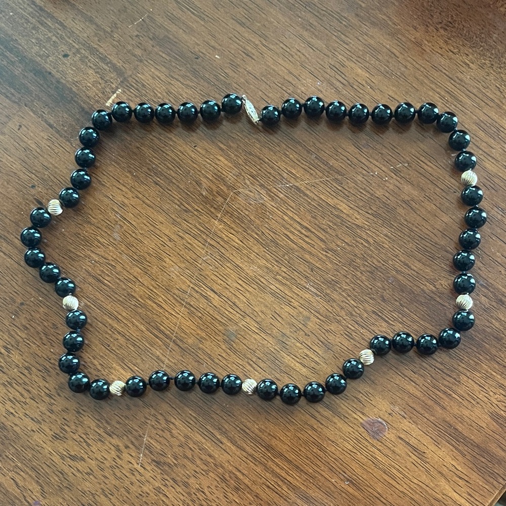 Black onyx and gold beads necklace with 14k clasp